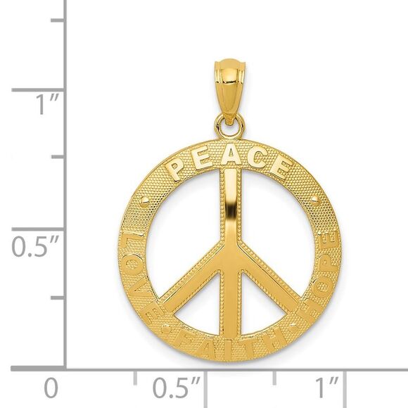 14k Yellow Gold Peace, Hope, Faith, Love, Peace Sign Pendant, 20mm - Picture 5 of 7